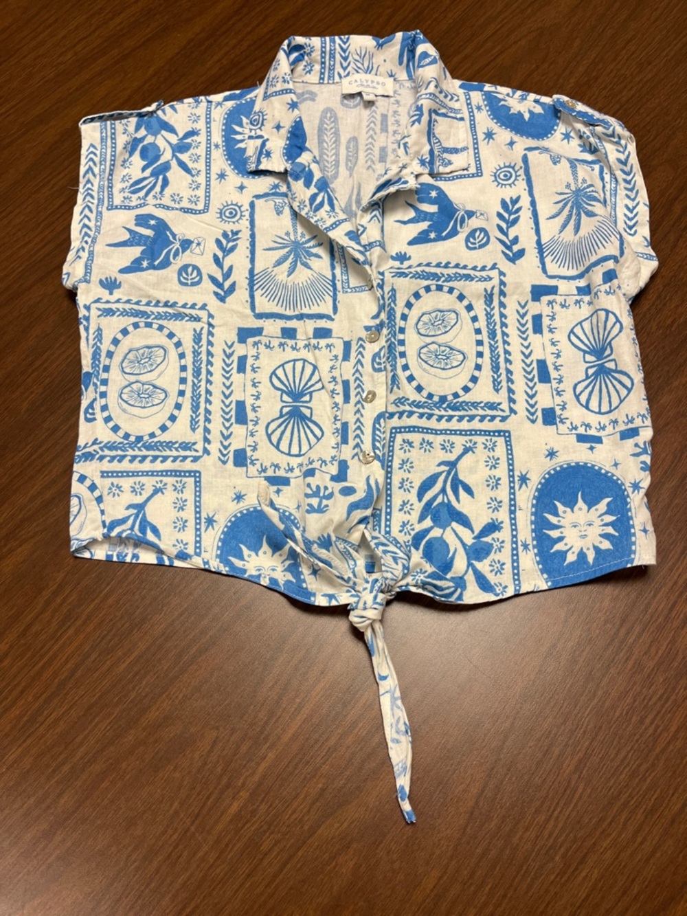 Calypso St Barth Tie-Front Button Up  Printed Shirt, size medium‎